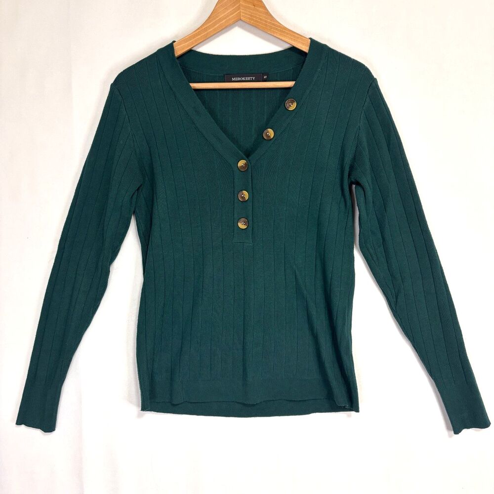 MEROKEETY Womens Ribbed Knit Henley Sweater Sz S Long Sleeve V‑Neck Button Green